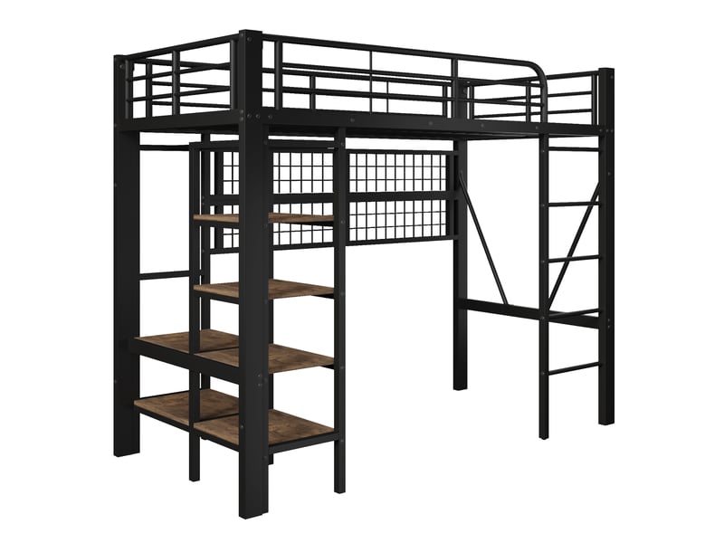  Lit mezzanine 90 × 200 cm, étagères, tringle à vêtements, grille de rangement, led, métal et mdf, sommier à lattes, noir  - Conforama A