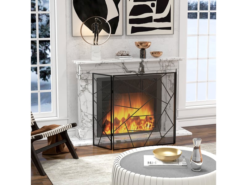  Pare feu cheminée pliable 3 panneaux en acier avec décor géométrique et pieds antidérapants, 135l x 1,2p x 85h cm, noir  - Conforama D