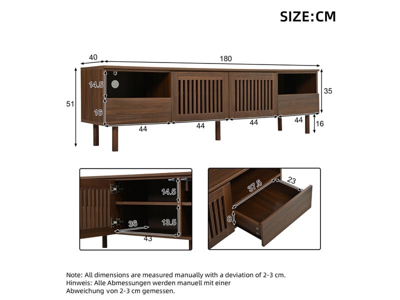  Meuble tv 180 cm en bois mdf, 2 portes grillagées et 2 tiroirs, niches ouvertes, pieds en bois massif, pour téléviseur 55-75 pouces, 180×40×51 cm  - Conforama C