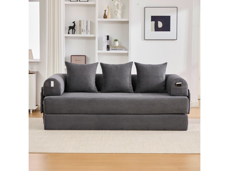  Canapé-lit convertible 3 places canapé au sol canapé modulable canapé compressé en velours côtelé avec cadre en métal, gris foncé  - Conforama C