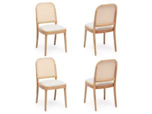 Lot de 4 chaises de salle à manger en bois massif, dossier en rotin tressé, assise rembourrée en lin, charge 150 kg, finition bois naturel