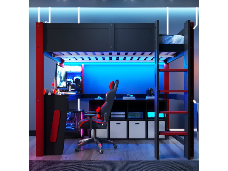 Lit mezzanine 140x200 cm noir avec bureau, panneau perforé et éclairage led - Conforama E