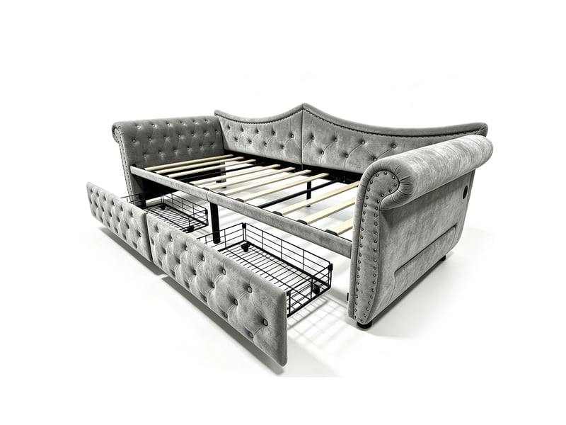  Canapé-lit 90 x 200 cm – avec 2 tiroirs – avec port de charge usb – gris (matelas non inclus)  - Conforama W
