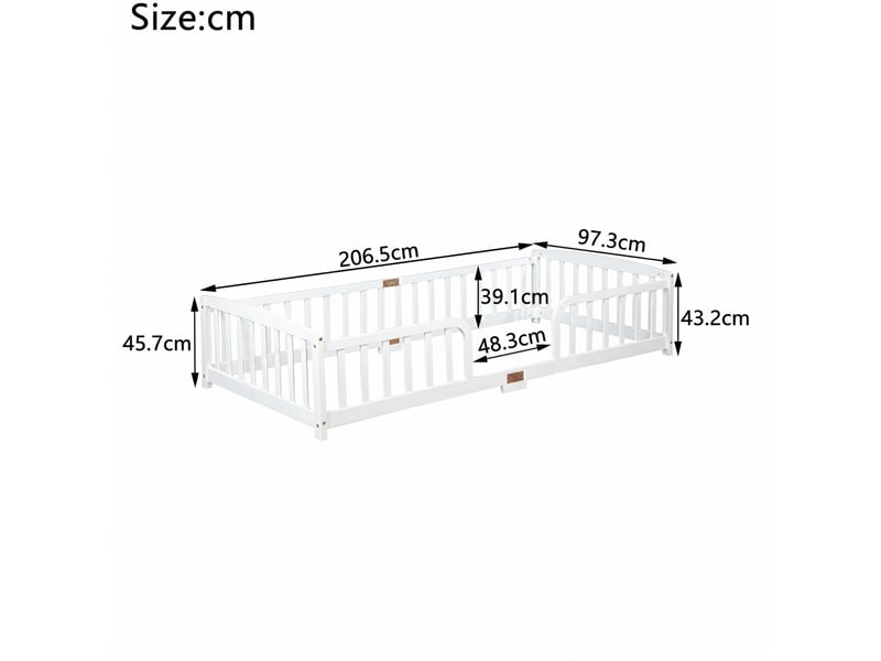  Lit au sol enfant 90x200 cm, blanc, en bois, avec entrée centrale et garde-corps de sécurité, sans matelas  - Conforama C