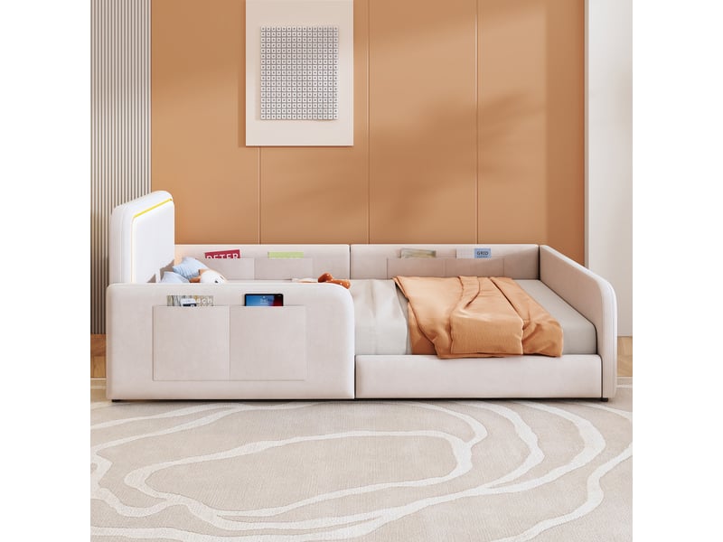  Lit enfant 90x200 cm rembourré avec led pilotable par application, lit simple avec tête de lit éclairée et poches latérales, beige OPULERANE TRADING LTD - Conforama B