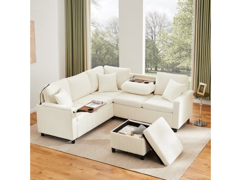 Canapé d'angle chenille beige 205x205x85 cm – couchage, ottomane, lampe, usb-c, table cachée et table basse extensible  - Conforama B