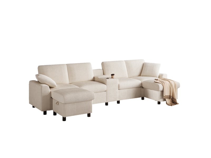  Canapé en u modenvie 4 places en velours côtelé beige 315 x 135 cm avec rangements et ports usb  - Conforama A