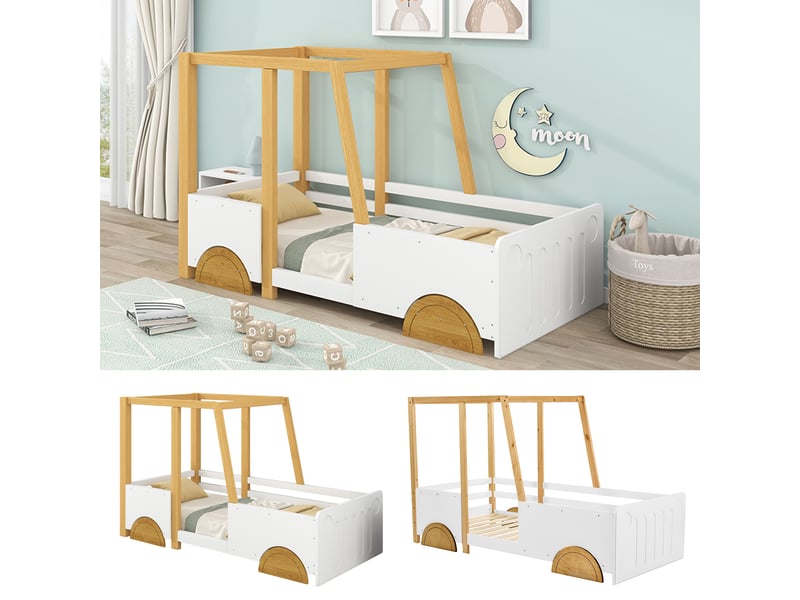  Lit enfant en bois massif blanc et nature 90x200 cm  - Conforama E