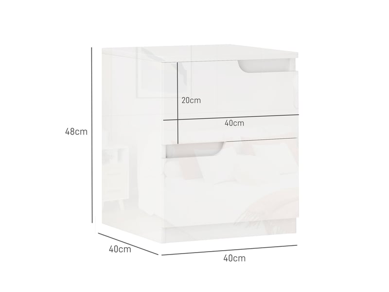  Table de chevet moderne en bois avec 2 tiroirs et finition brillante, 40 x 40 x 48 cm, blanche  - Conforama E