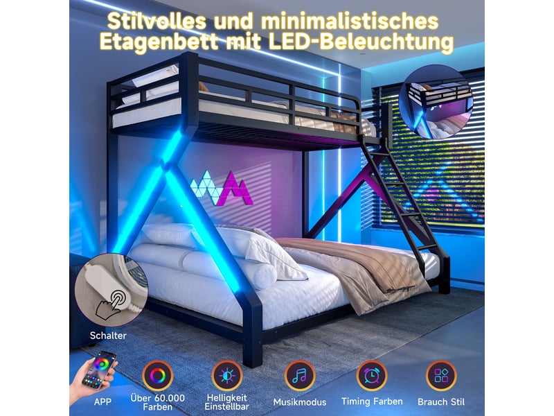  Lit superposé 90x200 et 140x200 cm en métal noir avec led, barrière de sécurité et échelle, pour enfants.  - Conforama E