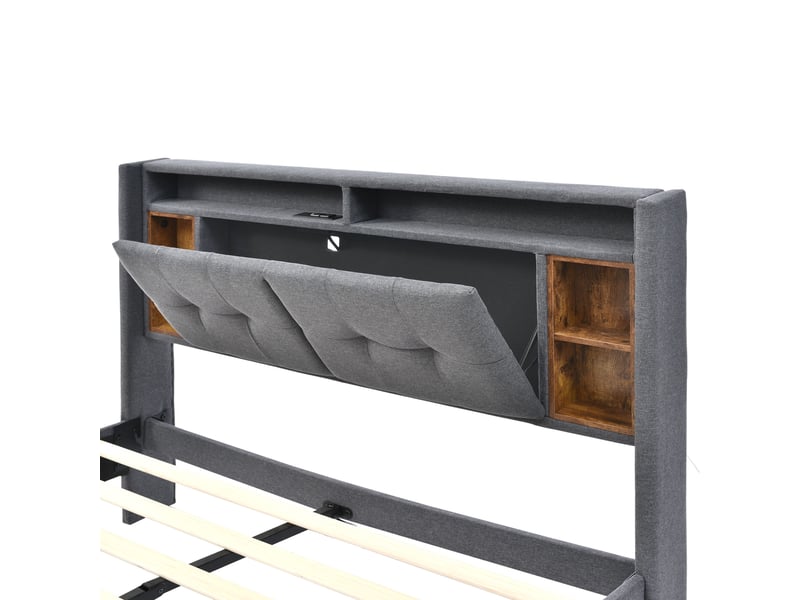 Lit double 160x200 cm avec rangement, tête de lit capitonnée avec LED et USB, lit rembourré avec sommier à lattes - Gris (Sans matelas) Fay Lum - Conforama D