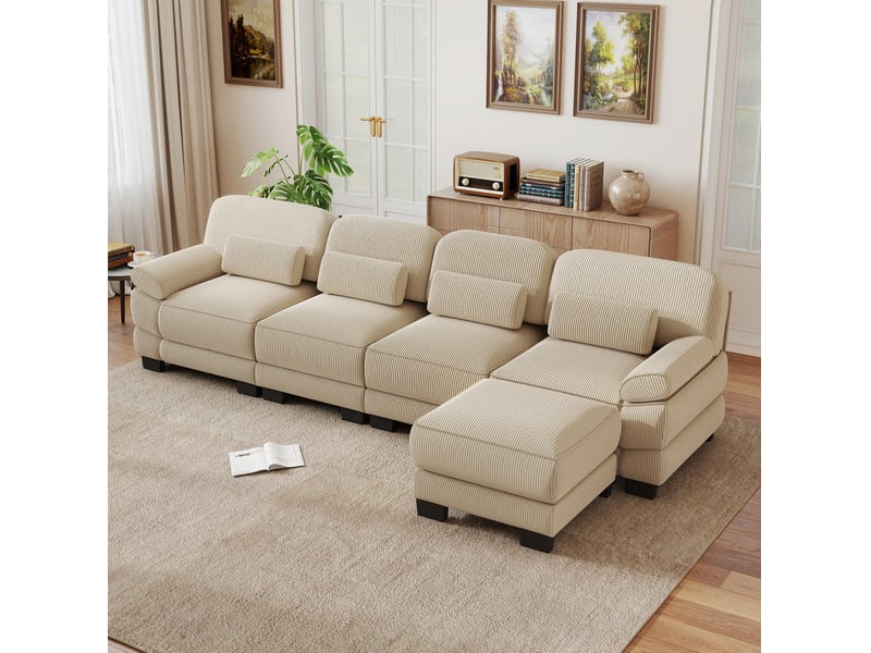  Canapé modulable angle l 4 places 336x161x94 cm, cadre solide, assise profonde, avec pouf, en velours côtelé, beige  - Conforama E