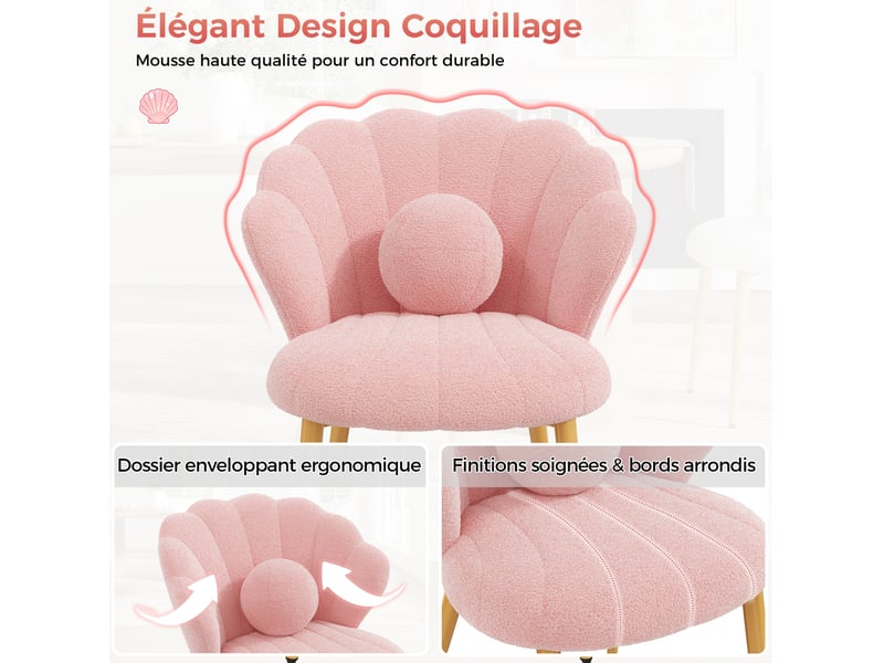  Lot de 2 chaises de salle à manger 60x62,5x83 cm, dossier coquillage, coussins ronds, tissu bouclette, rose  - Conforama E