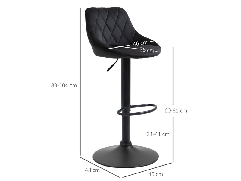  Ensemble 2 tabourets bar pivotants réglables, velours, dossier capitonné, repose-pieds, barcomptoir, acier noir.  - Conforama E
