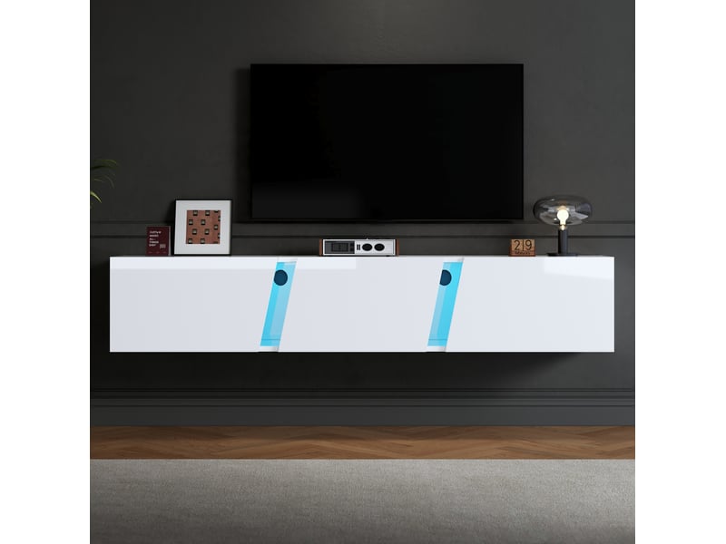  Meuble tv mural modenvie 180 x 35 x 30 cm avec led, 3 portes abattantes, blanc brillant et acrylique bleu  - Conforama B