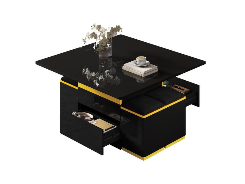  Table basse relevable avec tiroir, niches ouvertes et 4 tabourets de rangement pour salon, 100 × 50 × 43 cm  - Conforama A