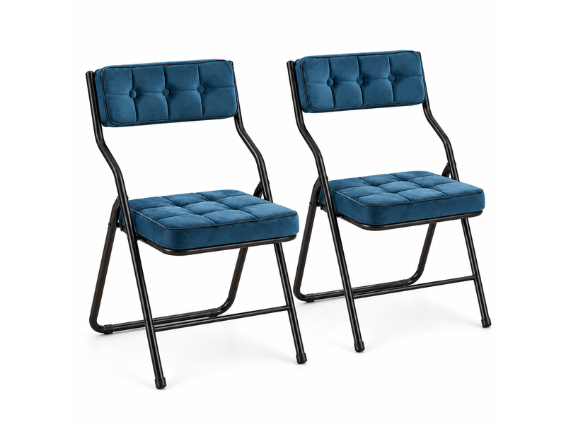  Lot de 2 chaises pliantes rembourrées 46x47x80 cm, sans montage, dossier incurvé 110°, assise en velours, structure acier renforcée, bleu  - Conforama A