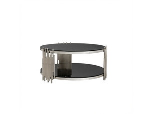 Table basse ronde 80 x 80 x 45 cm en verre trempé noir double plateau base acier argenté table salon bureau luxe moderne élégante