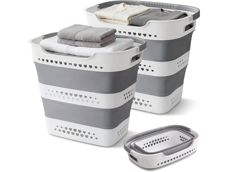  Lot de 2 paniers à linge pliables 42 l, corbeilles en plastique avec poignées, gain de place pour vêtements, gris clair  - Conforama A