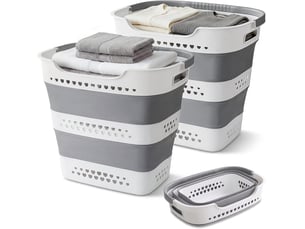 Lot de 2 paniers à linge pliables 42 l, corbeilles en plastique avec poignées, gain de place pour vêtements, gris clair