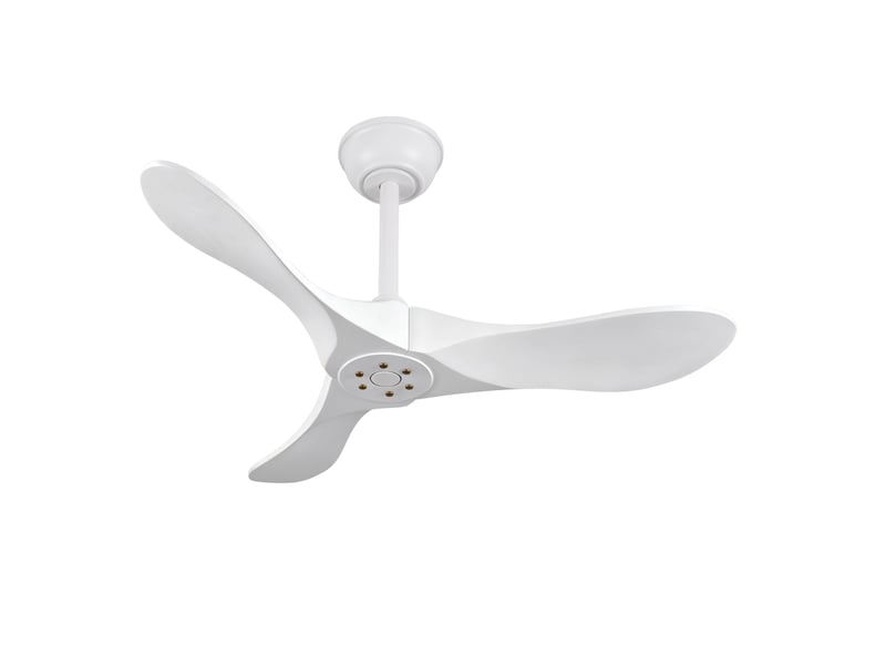  Ventilateur de plafond 90 cm blanc en bois, 3 pales, sans éclairage avec télécommande 6 vitesses réversibles  - Conforama D
