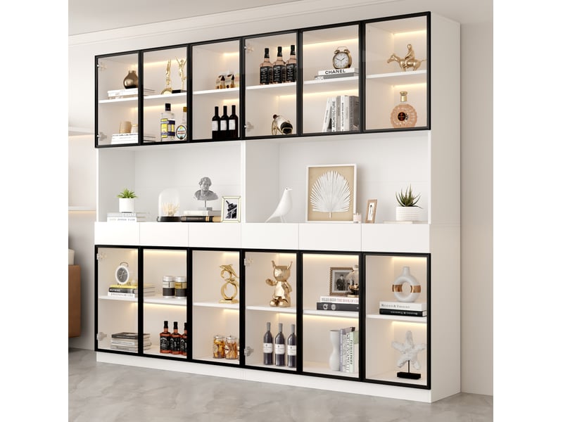  Vitrine haute led 36x240x200 cm blanche avec portes en verre et cadre noir  - Conforama B