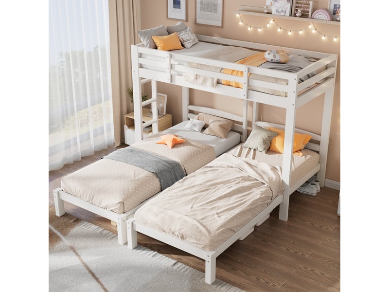  Lit superposé triple enfant avec échelle latérale, structure blanche pour enfants et adolescents, 90x200 cm  - Conforama B