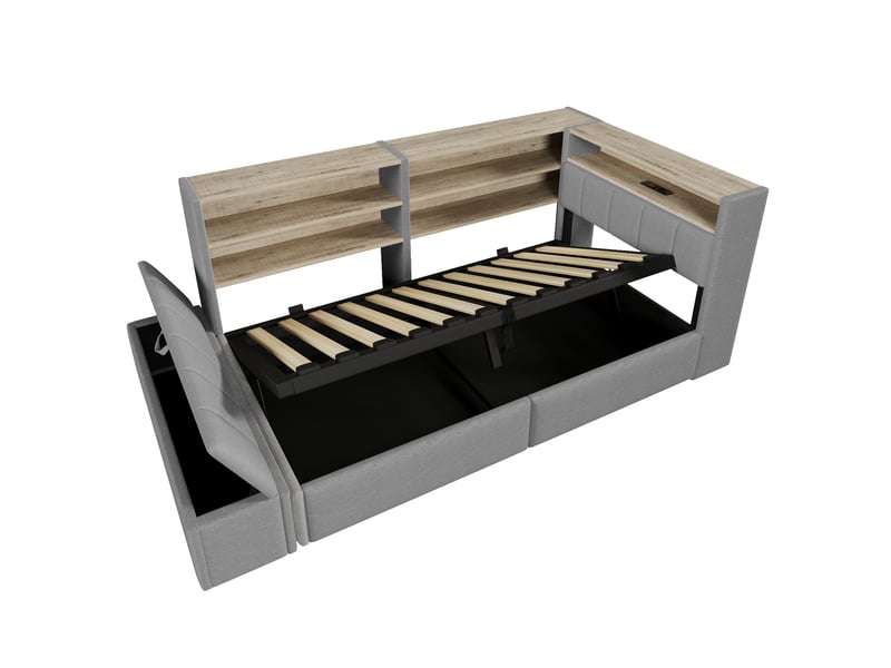 Canapé-lit 90 x 200 cm, suspension hydraulique, banquette-lit, prise électrique, caisson latéral réversible (à gauche ou à droite) avec port usb et éclairage led, sans matelas, velours gris. - Conforama D