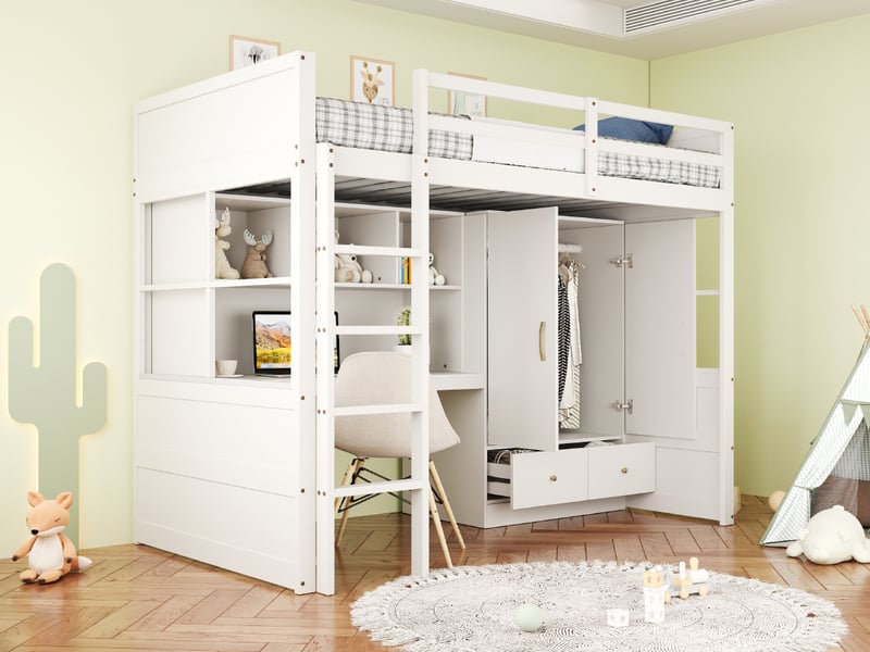  Lit mezzanine 90x200 cm blanc avec bureau, rangement et échelle - lit enfant et ado  - Conforama W