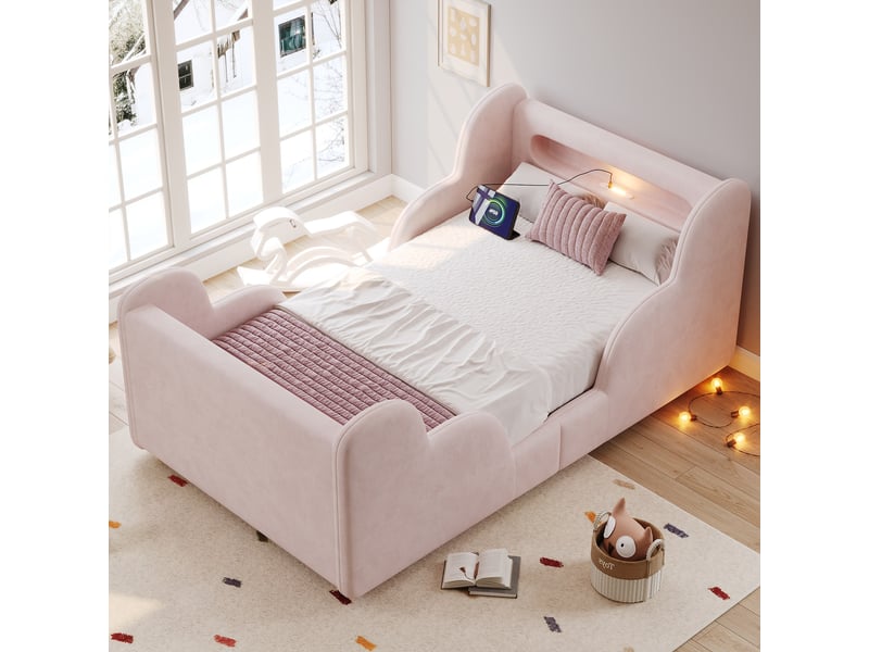  Lit enfant rembourré 90x200 cm - barrière de sécurité - veilleuse intégrée - port usb et type-c - velours rose  - Conforama B