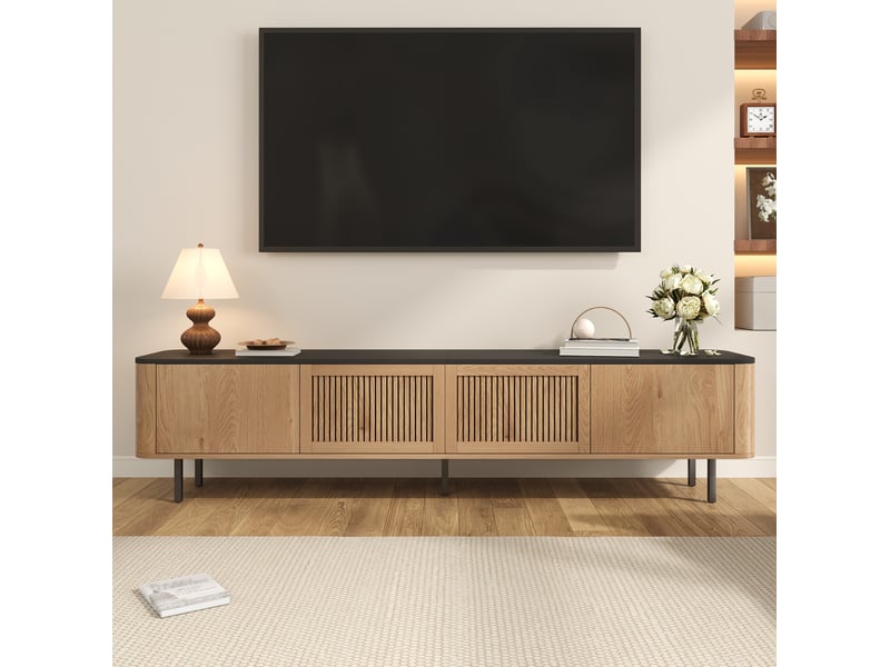  Meuble tv bas 190 x 35 x 45 cm en mdf et panneaux de particules, chêne et noir  - Conforama E