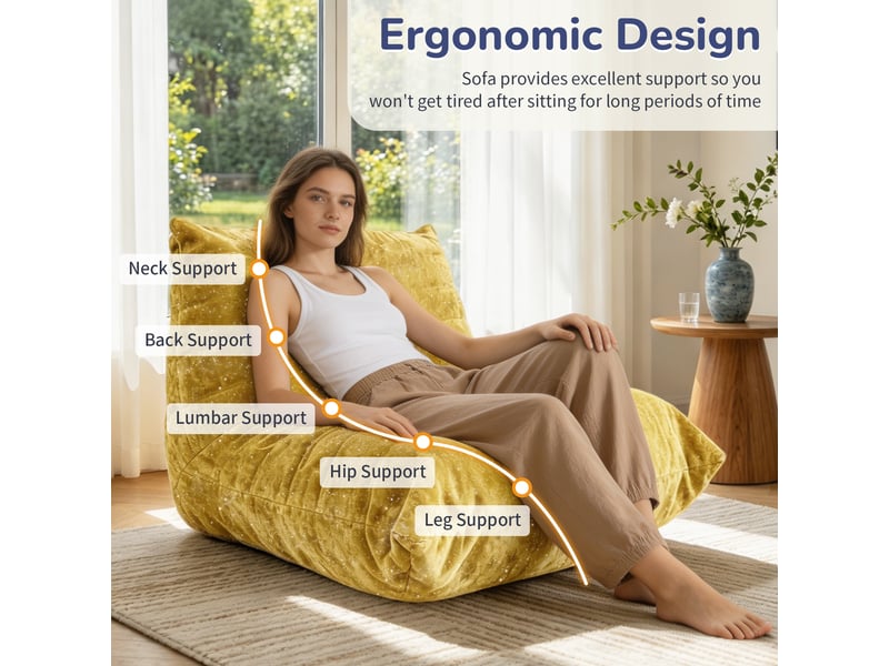  Pouf chenille jaune, canapé paresseux ultra doux &amp; chaise de salon ergonomique, siège de loisirs intérieur pour lecture dans la chambre  - Conforama B