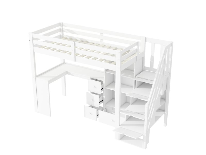  Lit mezzanine, 90 x 200 cm, avec barrière de sécurité, bureau, tiroirs,  échelle escamotable, blanc  - Conforama A