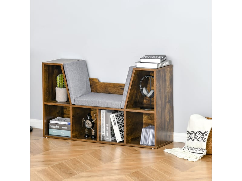  Bibliothèque banc 2 en 1 avec coussins de siège, étagère cube 6 compartiments ouverts, 102 x 30 x 61 cm, brun rustique  - Conforama D