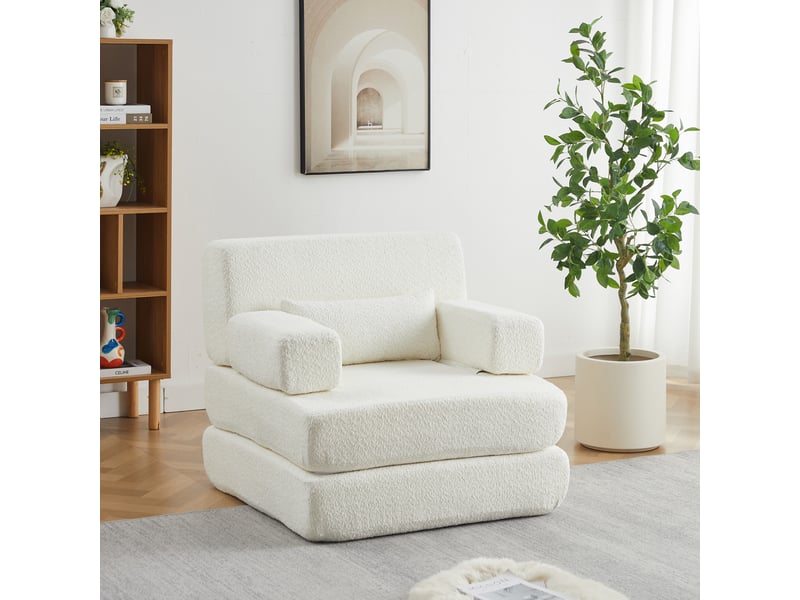 Canapé-lit modulable 1 place 2-en-1 – beige – chenille pliable avec dossier haut et structure en métal - Conforama E