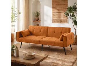 Canapé droit convertible 3 places en velours côtelé orange, format compact et accueillant pour salon ou studio