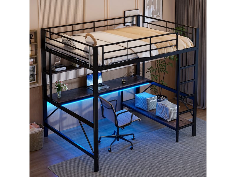  Lit mezzanine 140x200 avec bureau, lit mezzanine métal noir avec étagères, port usb et éclairage led, cadre de lit enfant  - Conforama D