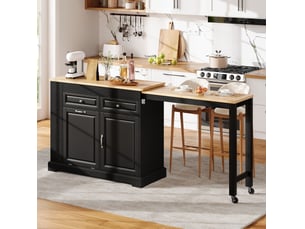 Îlot de cuisine mobile noir et naturel avec plateau extensible 112 à 180 cm, rangement et roulettes