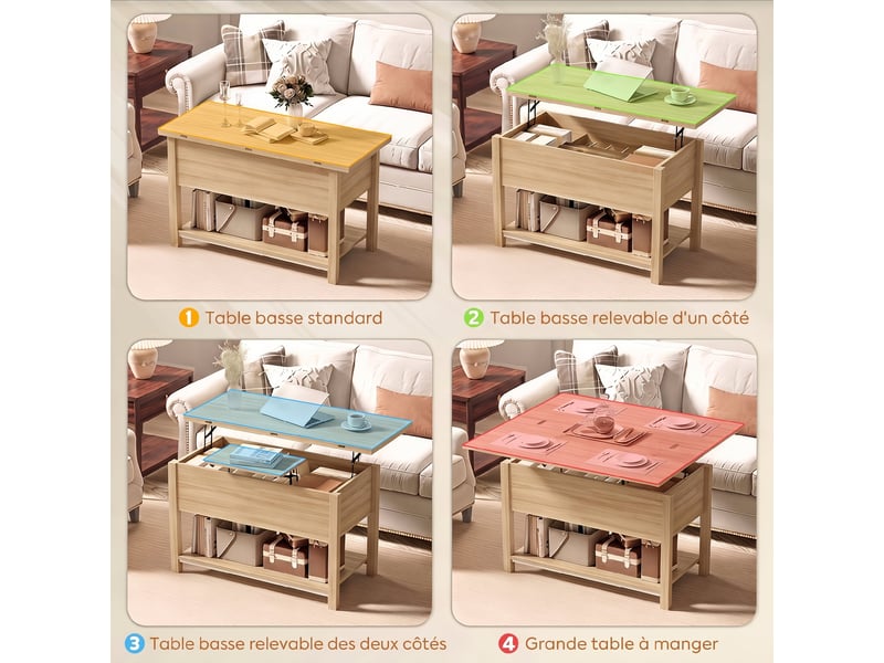  Table basse relevable et extensible table de salon avec compartiment caché étagère ouverte bois naturel 100x45x50,5cm  - Conforama D