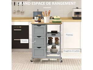 Chariot desserte de cuisine à roulettes plan de travail en bois 3 tiroirs et 1 plateau amovible gris 67 x 37 x 85,5 cm