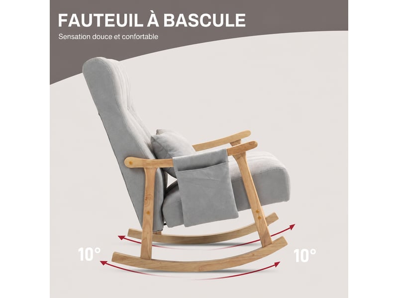  Fauteuil à bascule rembourré avec coussin lombaire et poches latérales, cadre en bois, effet lin, pour salon et chambre à coucher, gris  - Conforama C