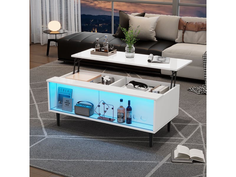 Table basse relevable 105x50 cm avec rangement caché, table basse led blanche brillante, portes en verre trempé - Conforama C