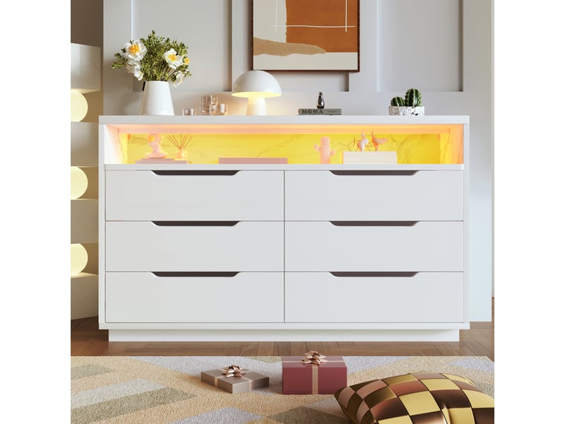  Commode blanche 120 cm, 6 tiroirs, niche décor marbre et led Fay Lum - Conforama E