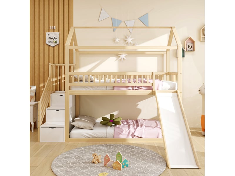  Lit mezzanine, 90x200 cm, avec toboggan, échelle aménagée garde corps haut, matelas non inclus, bois, coloris naturel  - Conforama D