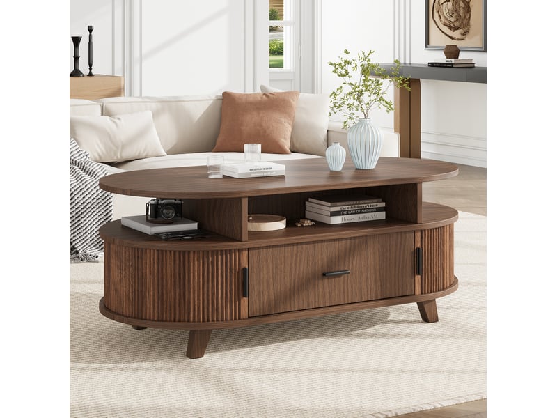 Table basse ovale 100x50x40 cm coloris noyer avec tiroir et portes coulissantes - Conforama D