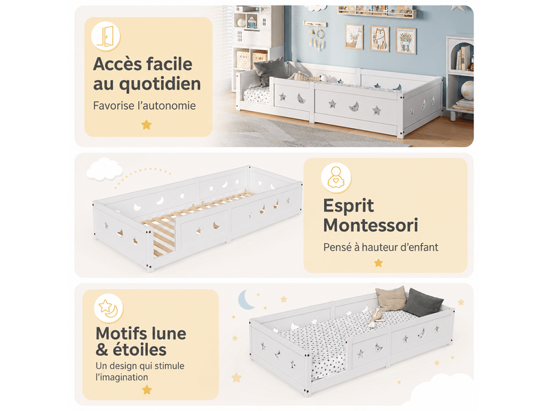  Lit enfant lit au sol 90x200cm - lit montessori avec sommier en bois massif - barrières de sécurité en motif étoiles et lune - lit cabane montessori en bois de pin, barrières contre les chutes, cadre de lit au sol, 1 personne – …  - Conforama E
