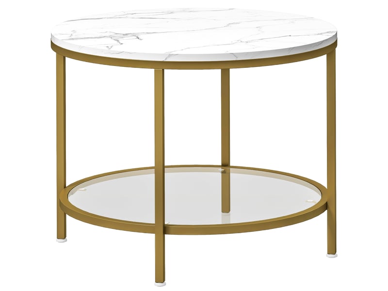 Table basse ronde dia. 60 cm avec étagère verre trempé métal doré plateau effet marbre blanc  - Conforama B
