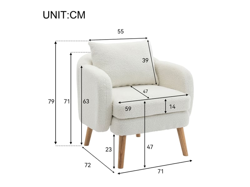 Fauteuil rembourré avec coussin lombaire, assise épaisse 14 cm et structure robuste en teddy blanc 71 × 72 × 71 cm - Conforama D
