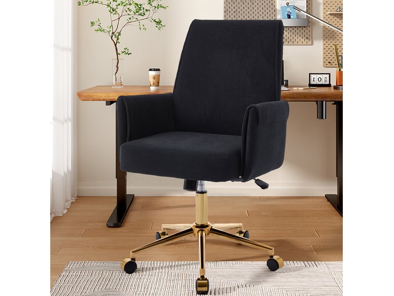  Fauteuil de bureau pivotant réglable noir en velours côtelé, dossier ergonomique et piètement doré élégant  - Conforama B