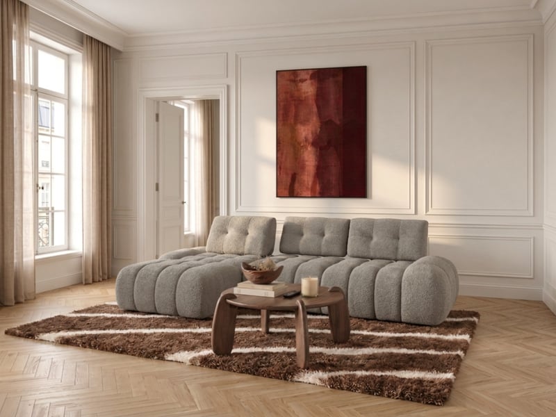  Bobochic canapé d'angle avec dossier avance recule apollon en tissu bouclette gris clair  angle gauche APOLLON - Conforama D